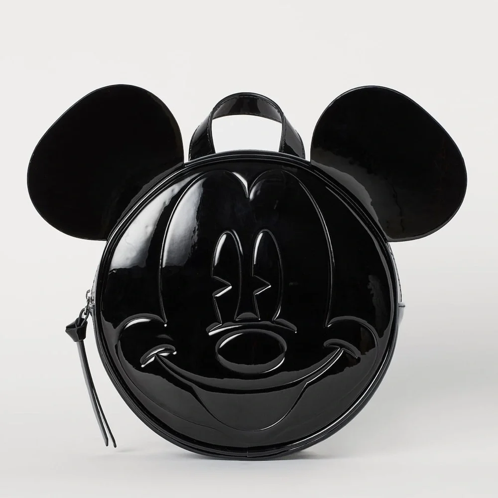 H&M RARE Disney Mickey Mouse Black Faux Patent Leather Round Backpack